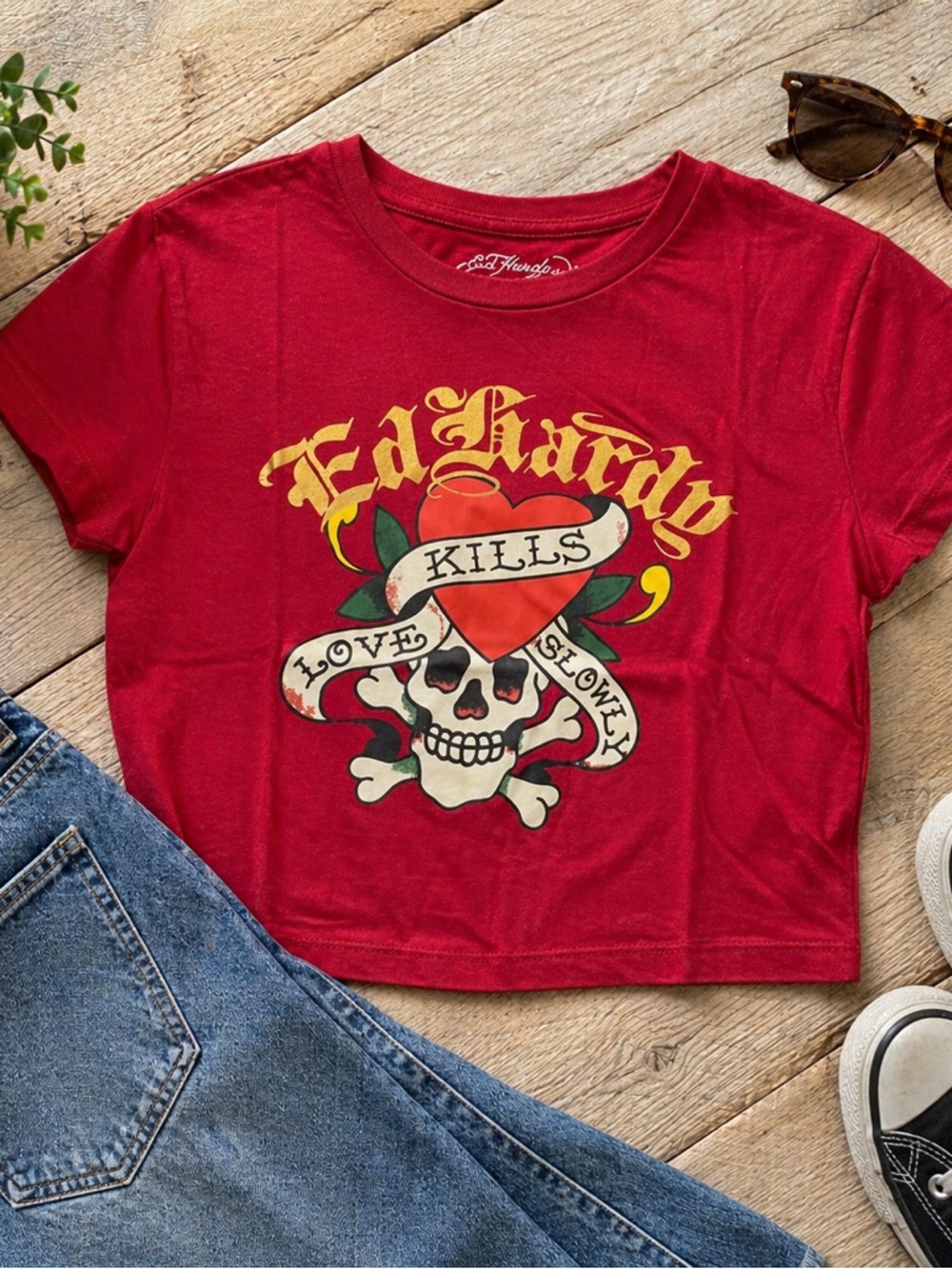 Ed Hardy Red Crop Top Skull Heart Graphic NWT Medium Y2K
